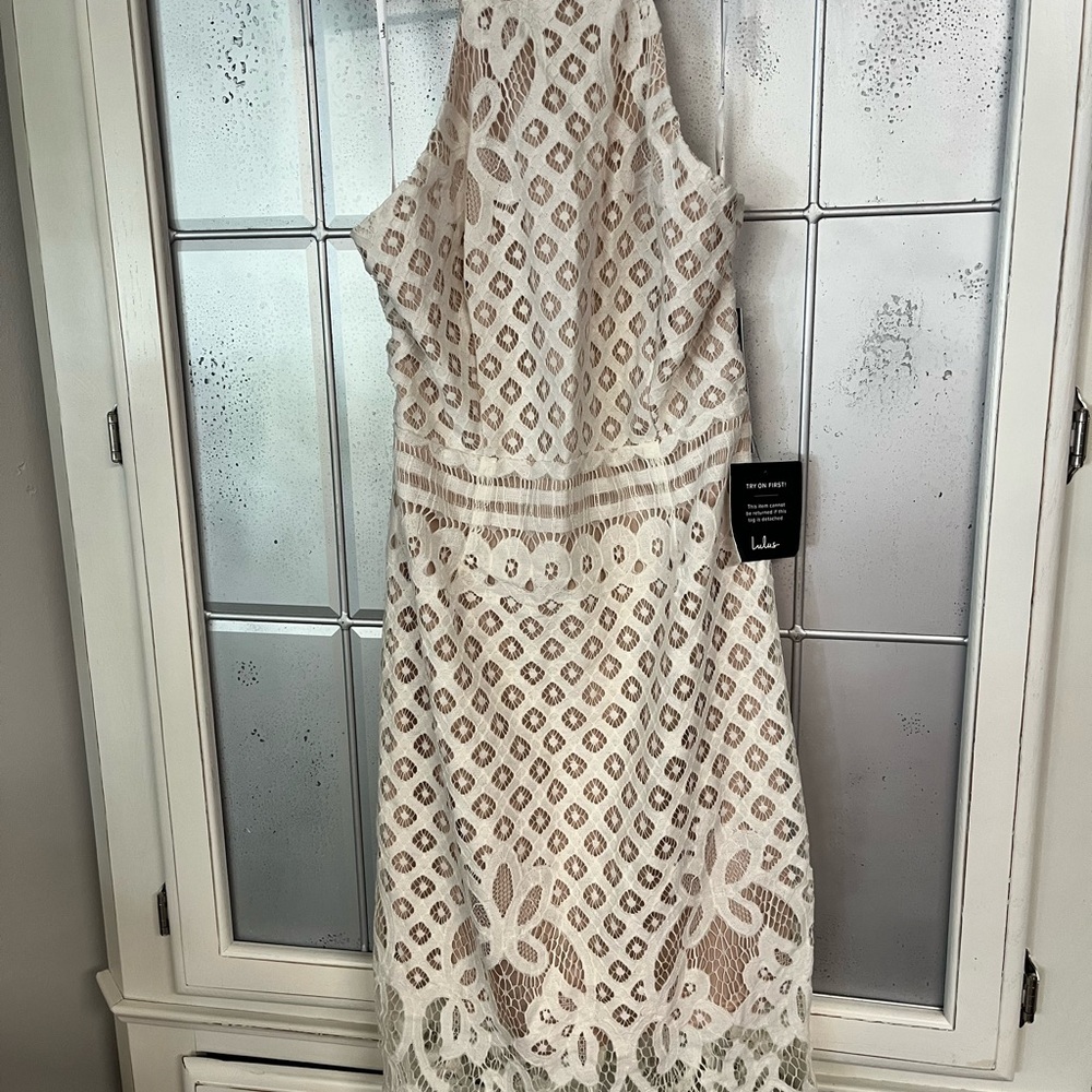 Lulu's Cream Sheath Midi Dress Halter Neckline